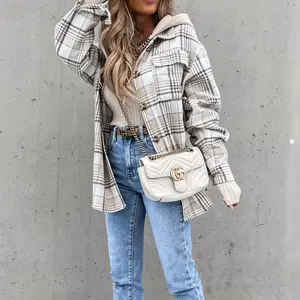Womens Jacket Button Down Jacket with Hood Plaid Hoodie Coats