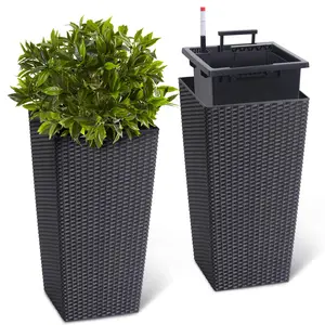 23" Tall Planter Set of 2, Outdoor＆Indoor Planter Pots, High Front Porch Planter Pots with Drainage Holes＆Water Level Monitor＆Inner Bucket, Black