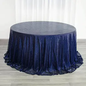 Sequin Round Tablecloth 132" Navy Blue with Seamless Twinkling Finish Table Cover