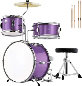 Drum Set 14 inch for Beginners,3  Junior Drum Kit with Bass Tom Snare Drum,Adjustable Throne, Cymbal, Pedal & Two Pairs of Drumsticks, Metallic Purple