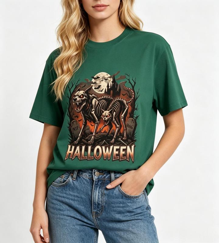 Women's Plus Size Oversized Loose-Fit Crewneck Short Sleeve Casual Tee - Ultra Soft Gothic Halloween Top with Skull, Grimace Skeleton, Skeleton Shell & Full Moon Graphics