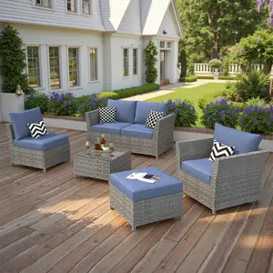 【2 Packages Shipping】OVIOS 6-Piece Outdoor Patio Furniture Set, Grey PE Wicker Sectional Sofa with Glass Coffee Table, Cushioned Seating for Garden Poolside Backyard Patio, No Assembly Required