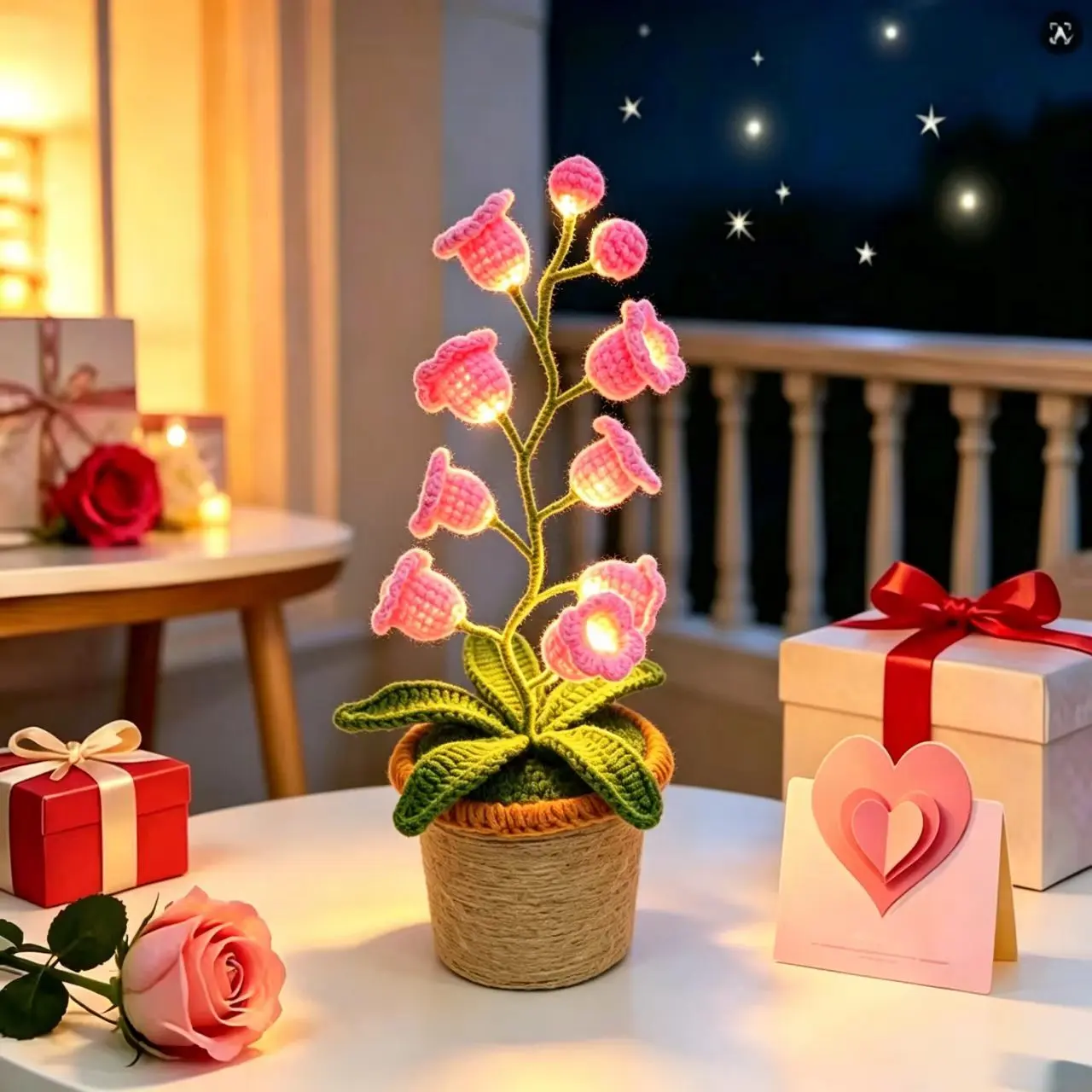 Lily of the Valley Night Light Potted Plant, Handmade Crocheted Finished Product, Yarn Crochet Desktop Ornament, LED Light, Creative Christmas Gift, Valentine's Day, Mother's Day Gift, Cute Decoration, Warm Light Home Decor, Bedside Table Decor,