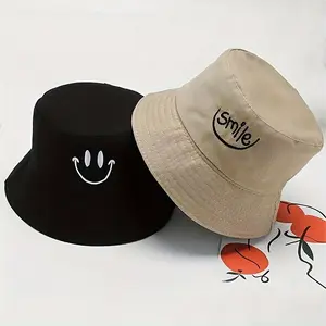 Unisex Solid Color Reversible Bucket Hat with Simple Smiling Embroidery - Lightweight Casual Fisherman Cap for Women & Men