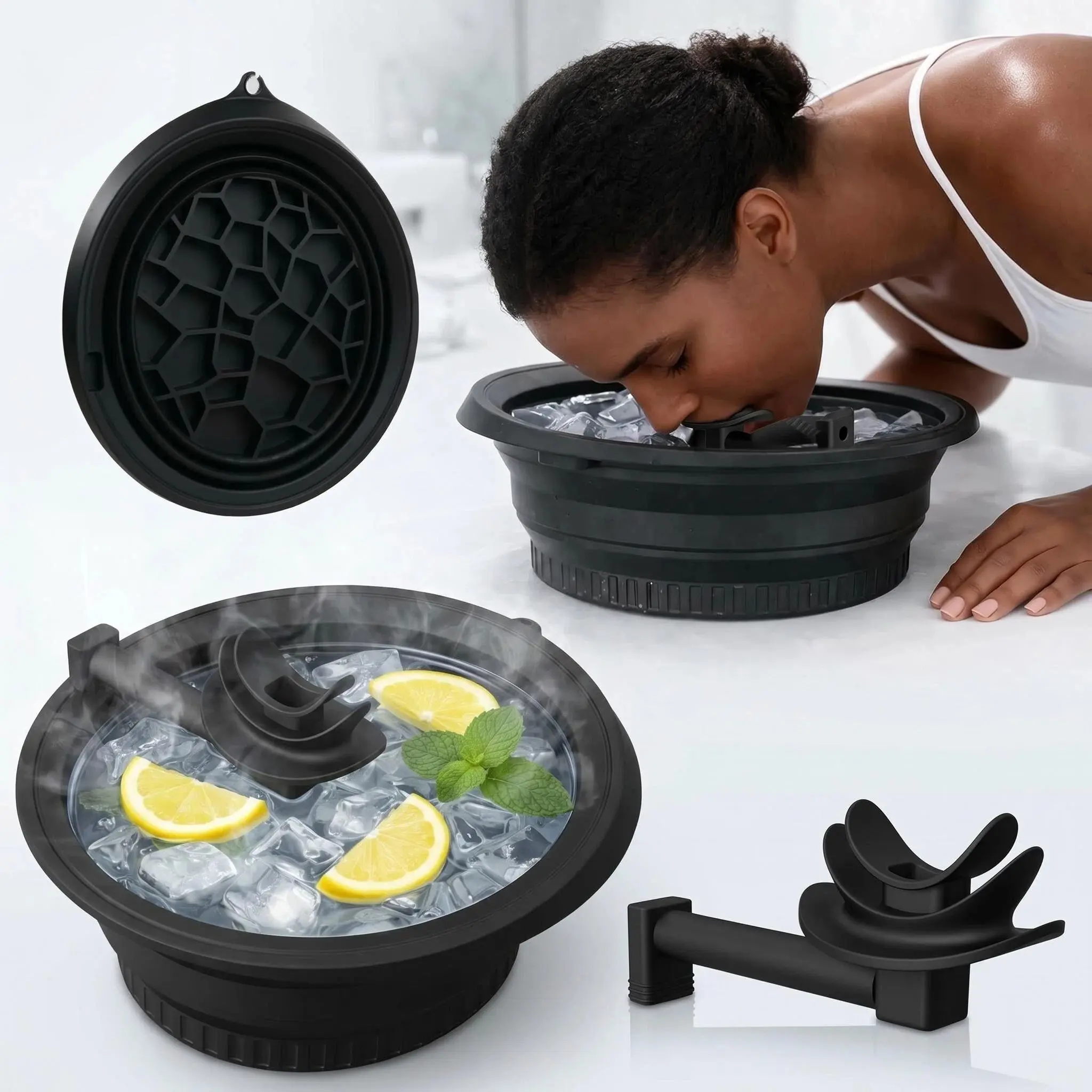 Face Ice Bowl with Detachable Breathing Tube, Foldable Silicone Dip Bowl with Built-in Ice Tray, 15 Mins Long Cold Therapy to Reduce Puffiness & Tighten Pores Lightweight Basin