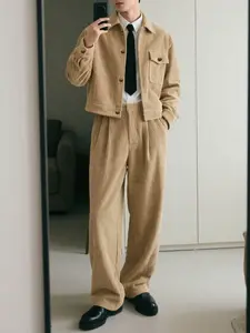 INCERUN Men's Solid Color Corduroy Casual Long Sleeve Jacket + Long Pants Two-Piece Set Suits, Spring & Fall Daily Wear, Comfortable and Stylish