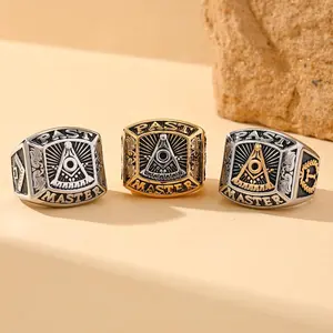 Letter Freemason Ring, Hip Hop Punk Stainless Steel Men's Ring Vintage Style AG Letter Square Ring Jewelry