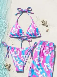 Matching Couple Swimwear Set, Pink Blue Hibiscus Bikini & Trunks, Y2K Beach Outfit