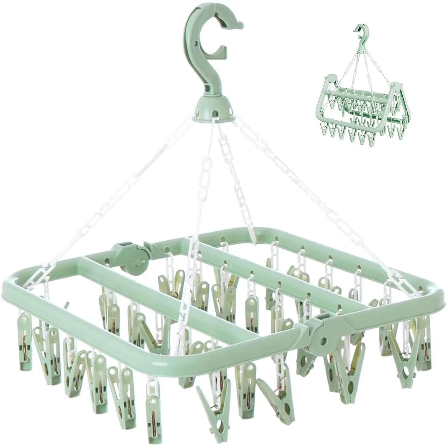 Clothes Drying Rack with 32 Clips, Foldable Hanging Rack, 360? Rotatable Hook for Drying Socks  Clothes Towels Gloves(Light Green)