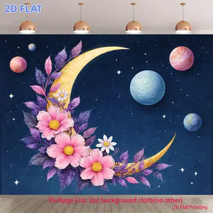 1pc 2D Flat Banner, Products,Colorful floral crescent moon starry sky, Printing- Banner Background cloth, suitable for party decoration, for party, festival, , Stage Background, Festival Backdrop, Floral Design,
