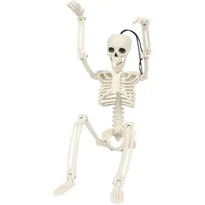 16" Poseable Halloween Skeleton Decor Realistic Bone Textured Plastic with Skull Hook, Hanging Decor for Spooky House & Graveyard Scenes