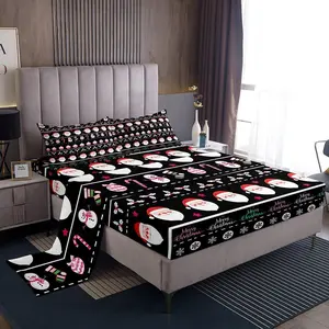 Merry Christmas Decorative Bed Sheets Sets Xmas Cartoon Santa Claus Snowmen Fitted Sheet Deep Pockets Winter New Year Bedding Set Gifts for Kids Boys Girls