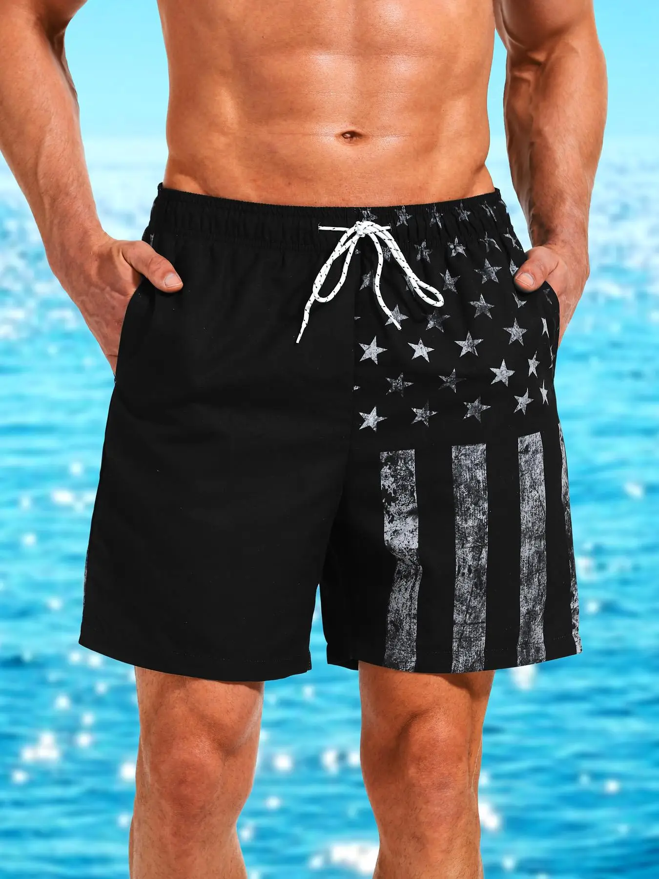 Men Swim Trunks Regular Fit Star & Striped Print Drawstring Waist Beach Shorts, Casual Pocket Gym Shorts for Holiday Vacation, Fashion Men's Swimwear