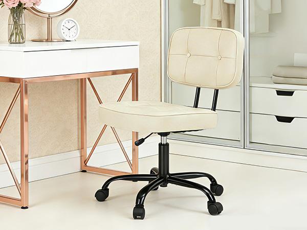 Armless Computer Chair with Lumbar Support – Ergonomic Low Back PU Leather Desk Chair – Height Adjustable, 360° Swivel Rolling Wheels – White, Space-Saving for Small Office