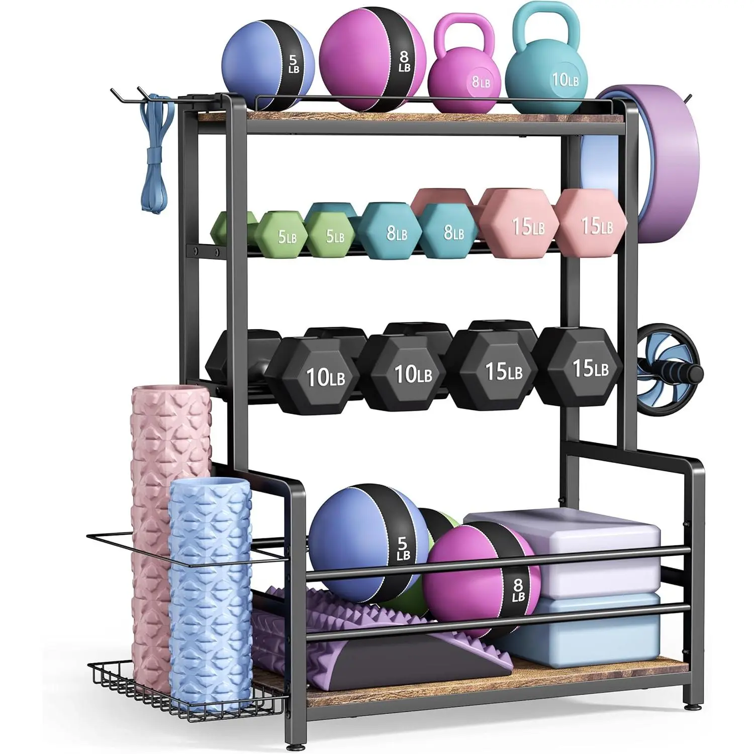 Gym Home Equipment Weight Rack - 3-Tier Workout Storage Stand for Dumbbells & Kettlebells,  Ball Holder, 460 lb Steel Organizer with Yoga Mat Basket, Hooks, Adjustable Feet, 24 x 16 in
