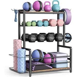 Gym Home Equipment Weight Rack - 3-Tier Workout Storage Stand for Dumbbells & Kettlebells,  Ball Holder, 460 lb Steel Organizer with Yoga Mat Basket, Hooks, Adjustable Feet, 24 x 16 in