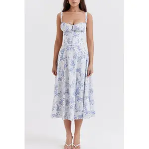 Women's Plus Size Floral Midi Dress, Belted Tank Dress, 2026 Spring/Summer Resort Style Cow Print Dress, New Spring Collection, Elegant Solid Color Fashionable Strap Dress
