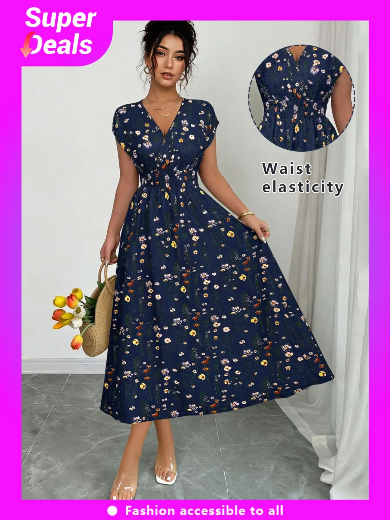 Small Floral V-Neck Sleeveless Waist-Tied Long Dress, Bohemian Summer Dresses, Boho Style Womenswear, Womenswear, Vacation Casual, Festival Party, Daily Wear, Elegant Loose-Fit, All Seasons
