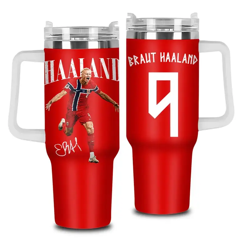 Erling Haaland 40oz Tumbler High-Quality Insulated Tumbler , Norwegian Striker Football Theme Tumbler With Handle, Viking Warrior Goal Machine Football Fan Gift Tumbler, WC 2026, Leakproof Travel.