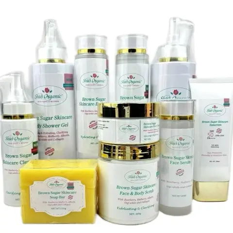 Sha's Organic Skincare New Improved Brown Sugar Bearberry Complete Body Care Kit - Nontoxic Adult Multi-Pack with Vitamin C Nourishing Cleanser, Hydrating Exfoliant, Gentle Moisturizing Lotion, Anti-Oxidants for Daily Smooth Skin