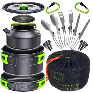 2-3 Person Camping Cookware Set – 1.8L Pot, 0.8L Pan, 0.8L Kettle with Bowls & Utensils – Lightweight Aluminum Outdoor Gear for Backpacking, Hiking, RV