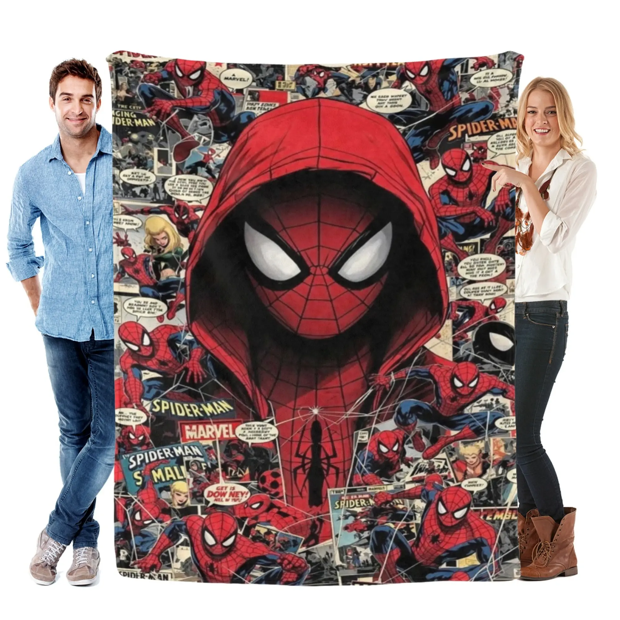 [SummerVibes] MARVEL CLASSIC Spider-Man Comic Collage Flannel Blanket - Soft Cozy 2D Print Hooded Hero Throw for Home Bedroom Decor, Couch & Fans Gift