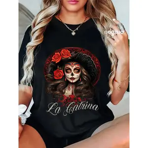 Women's Round Neck Short-Sleeve Casual Streetwear La Catrina T-Shirt, Unisex Day of the Dead Costume Top