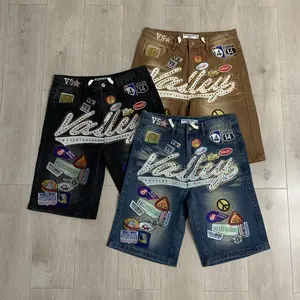 Valley Men's Full Rhinestone Shining Black Baggy Denim Shorts, Letter Embroidery, Brilliant Diamonds, Loose Knee-Length, Y2K Hip Hop Cartoon Graphics, Fitness Casual Summer Wear, 2026 Coachella Festival Streetwear thermal