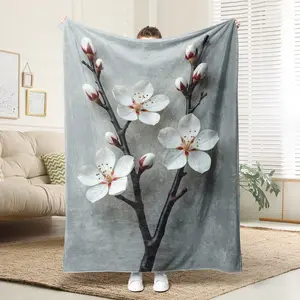 1 Comfortable Spring Flower-Blooming Flannel Blanket On The Branches, Soft Printed Cooling Blanket Suitable All Year Round, 100% Polyester Fiber Perfect Gift For Family And Friends