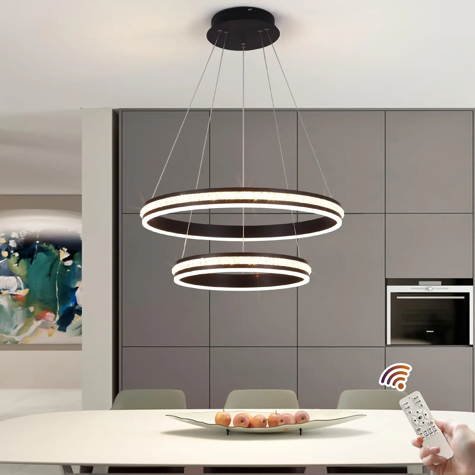 Modern Crystal Chandelier Lighting, Dimmable LED Chandelier Pendant Light Fixture with Acrylic 2 Rings, Adjustable Black Ceiling Hanging Light for Dining Living Room Kitchen