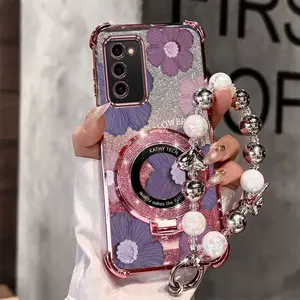 A03s Elegant Transparent Magnetic Glitter Pearl Strap Lanyard Phone Holder Case Protector For Compatible With Samsung Galaxy A03s Elegant Purple Flowers Stand Cover
