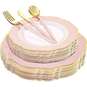 30Guest  Plates Disposable - Hign-end Baroque Design -  Plastic Silverware with Handle-Baroque  & Plastic Dinnerware for  Shower/Wedding/Birthday/Party