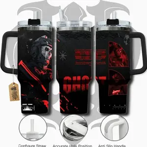 WeXAnime 40oz Stainless Steel Handle Tumbler - Call of Duty: Ghost #1 Game-Inspired Vacuum Insulated Cup, Black 40oz Cap & Handle Iced Coffee Mug, Washable Manga Fighter Drinkware, Gamer Gift, Insulation