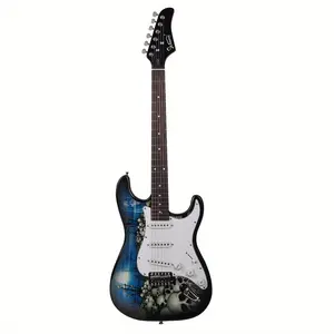 Rock out in style with this electric guitar featuring a cool blue and white skull design. Complete with all the accessories you need to start playing right away!