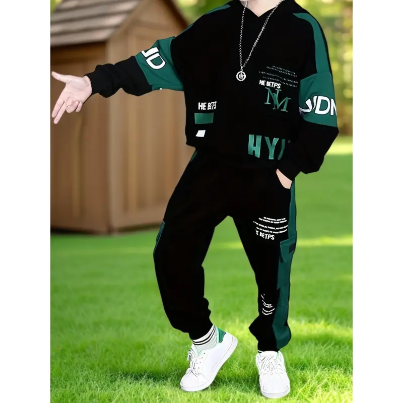 2026 New Arrival Boys' Korean Style Casual Two-Piece Set - Black