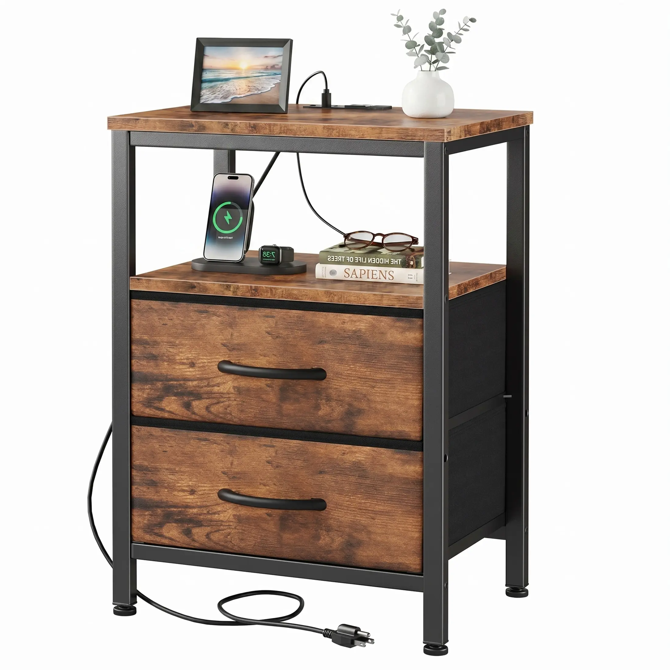 Nightstand with Charging Station - 3-Tier End Table with 2 Fabric Drawers, USB Ports & AC Outlets, Rustic Wood Bedside Table with Storage Shelf