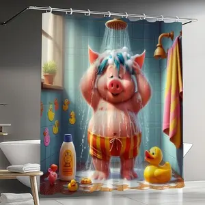 Pig pattern forest shower curtain design for bathing, polyester fabric, windows and walls, bathtub, bathroom home decoration shower curtain, all season universal shower curtain, bathroom decoration curtain, equipped with 12 hooks