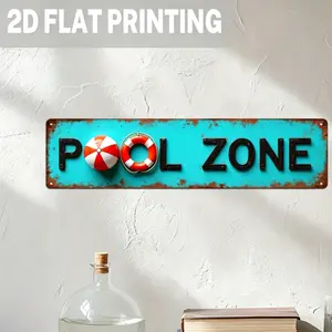 2D Flat Retro Swimming Pool Area Metal Wall Sign – Turquoise and Red Lifeguard Design, Large 4×16 inch Beach House Decor for poolside, game room, or man cave – no wiring required – easy hanging installation, rustic style