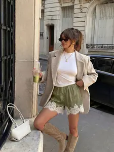 Women's Satin Lace Trim Wide Leg Shorts, Fall New High Waist Straight Leg Pants, Casual Versatile Hot Pants for Women