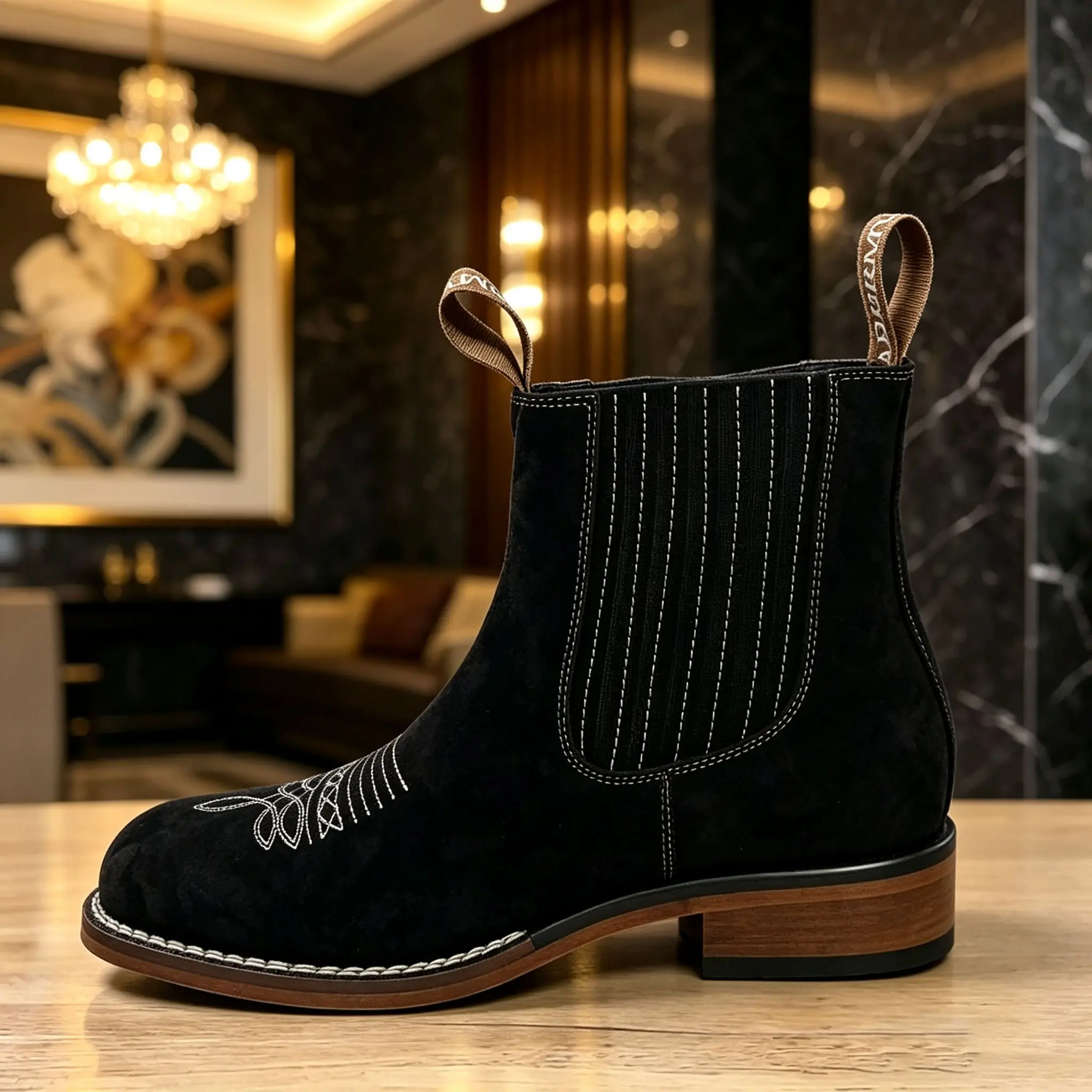 Men's Embroidered Chelsea Tabi Boots by KVONE 2026, Versatile Black Ankle Boots for Work Casual Everyday Wear, Comfortable Walking Shoes