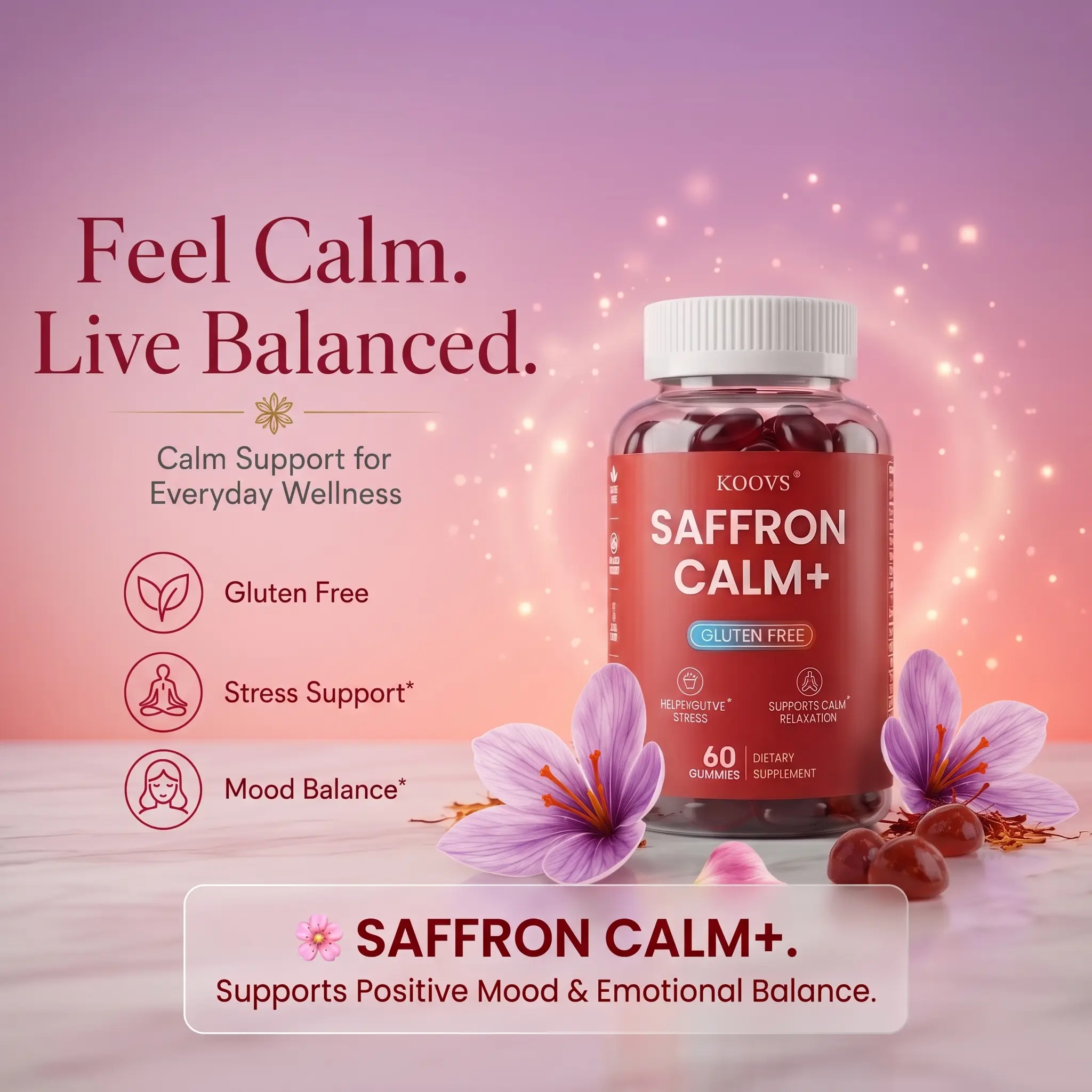 KOOVS Vegan Vegetarian Chewable Saffron Supplements - Supports Mental Clarity, Healthy Digestion, Mood Boost, Blue Light Eye Support, Wellness & Overall Health for Women
