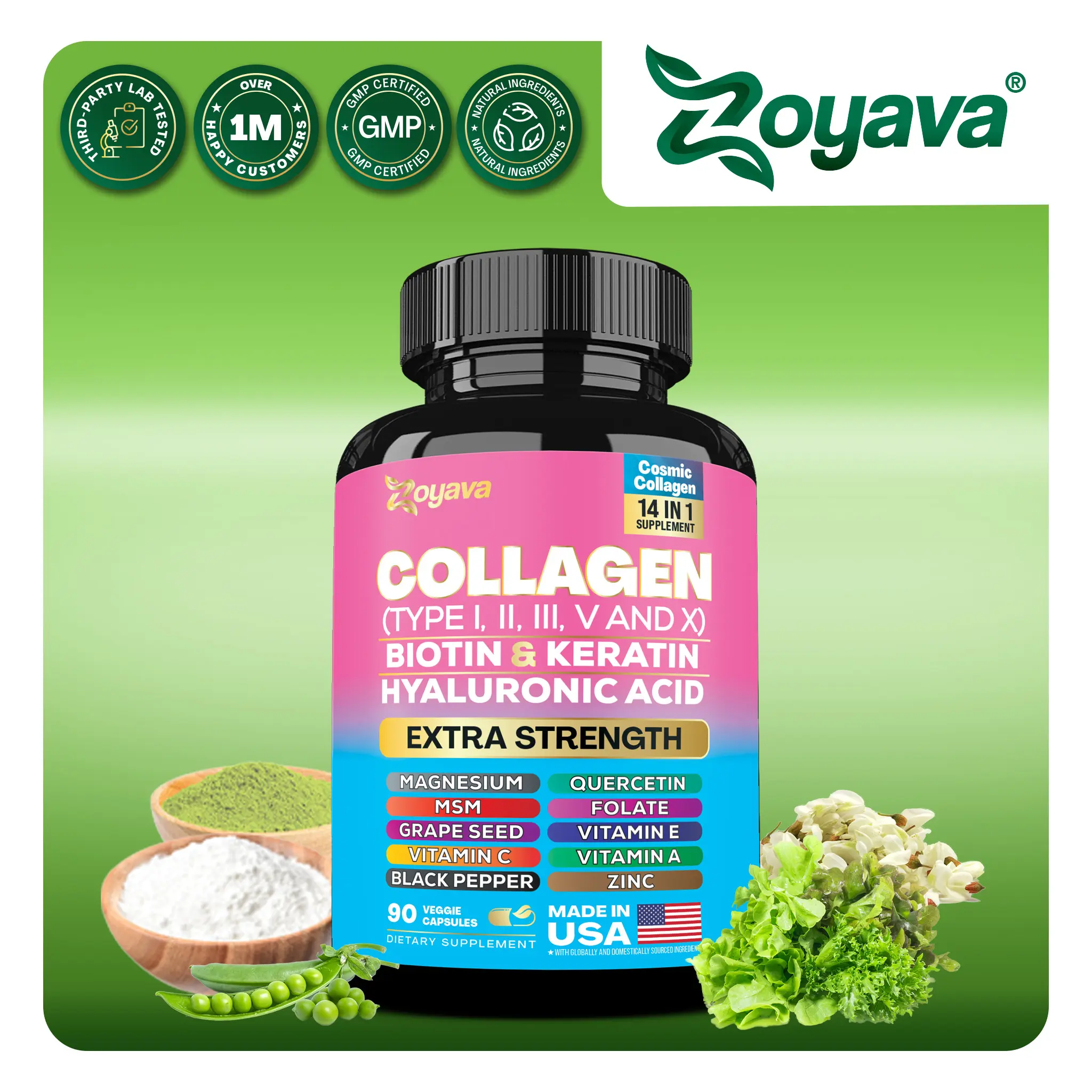 Zoyava Collagen Supplement - Type I, II, III, V and X - with Biotin, Keratin, Hyaluronic Acid & 13+ Extra Strength Ingredients for Beauty, Fitness, & Healthcare - 90 Capsules - MADE IN USA