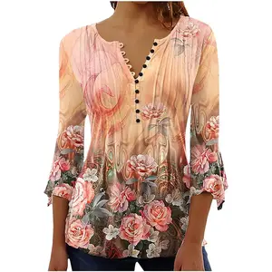 Tunic Tops for Women Loose Fit Spring Henley v Neck Shirt 3/4 Bell Sleeve Bohemian Floral Print t-Shirt Blouse Trendy