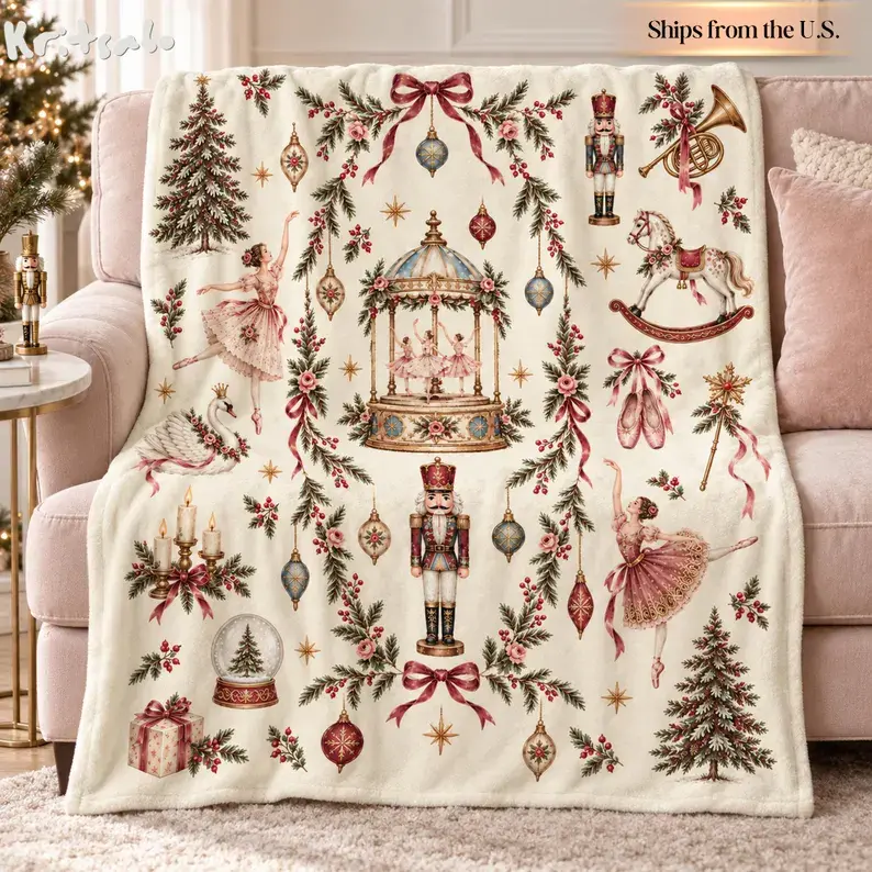 Nutcracker Christmas flannel blanket, vintage ballerina and pink bow print, cream holiday throw, ballet dancer gift, soft, warm, cozy plush throw for sofa/couch, bed, reading nook, dreamy pastel ballet Christmas aesthetic decor, perfect Xmas gift for ball