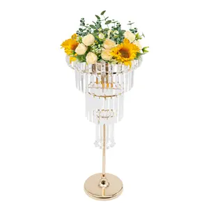 4-Tier Gold Acrylic LED Floral Stand with Warm Light Bulbs, Crystal Ornaments, 11 lbs Heavy-Duty Capacity Illuminated Centerpiece Rack, DIY Tabletop/Floor Standing for Wedding, Home Decoration
