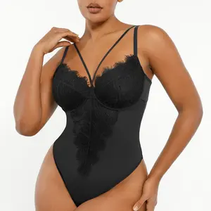 Shapellx Women One-Piece Sexy Lace Spliced Thong Bodysuit Tummy Control Shapewear Modifiable Shoulder Bands Back Clasps Wearable Outside Womenswear