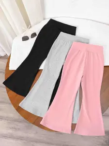 3-piece set of girls' solid color knitted bottom pants, soft and comfortable fit, versatile for all seasons, suitable for both inside and outside wear, machine washable and easy to maintain, elastic and slim fit, essential for daily casual wear, simple an