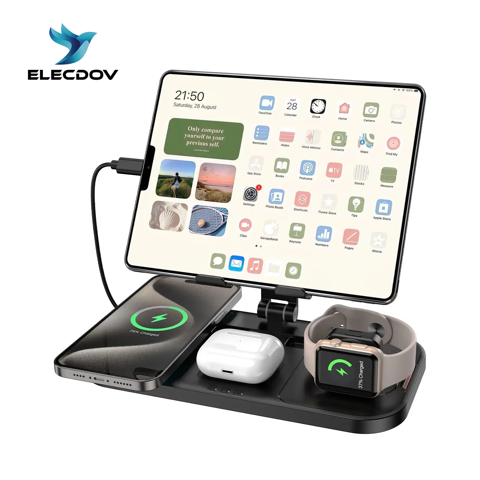 Wireless Charging Station, Wired Charger for iPad, 4 in 1 Charging Stand Multiple Devices for Apple - iPhone 15 14 Pro Max 13 12 11 - Watch 8 7 6 5 4