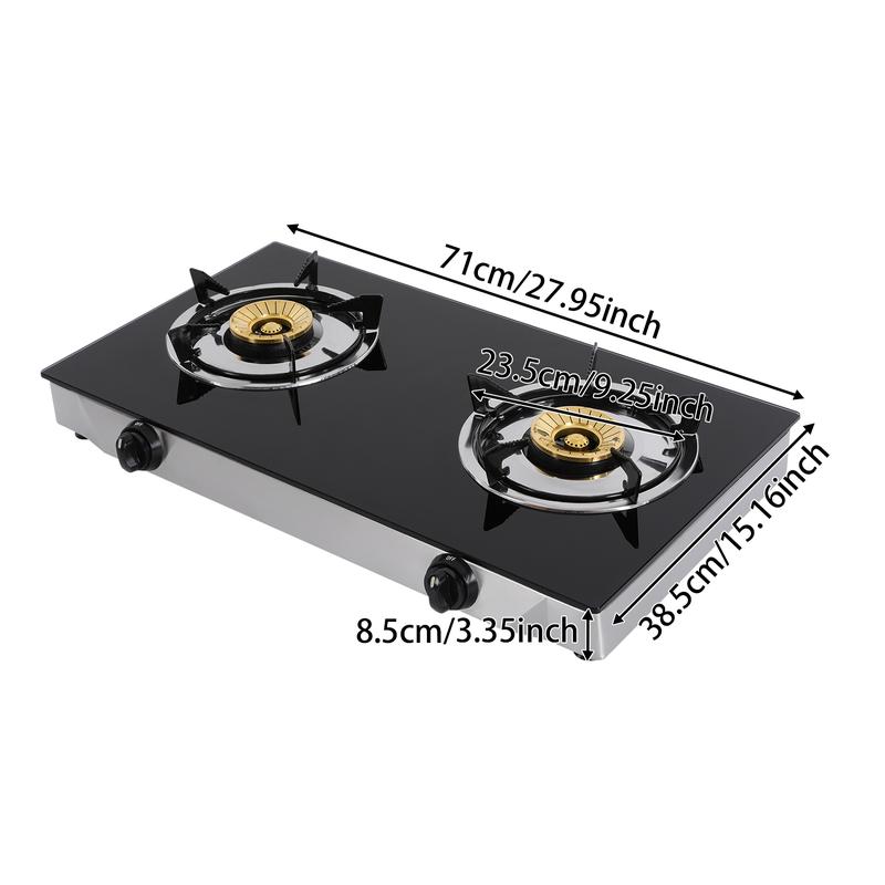 2-Burner LPG Gas Stove 3.5KW 11995BTU/hr Tempered Glass Countertop for Home Commercial Kitchen Aluminum Ceramic Stainless Steel Pans Safety Lock Easy to Clean