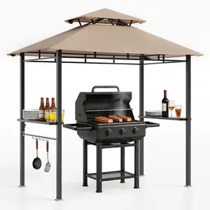 [FLASH SALE] Garvee 8' x 5' Double-Tier Grill Gazebo, Waterproof BBQ Canopy Shelter with Vented Roof, 2 Side Shelves, 5 Hooks, Bottle Opener & UPF 100 UV Protection, Heavy-Duty Outdoor Patio Pavilion, Khaki
